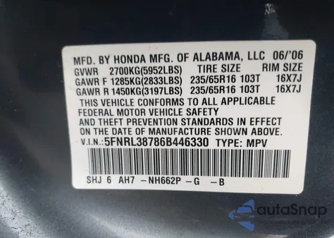 2006 Honda Odyssey Ex-L from USA, damaged, VIN 5FNRL38786B446330